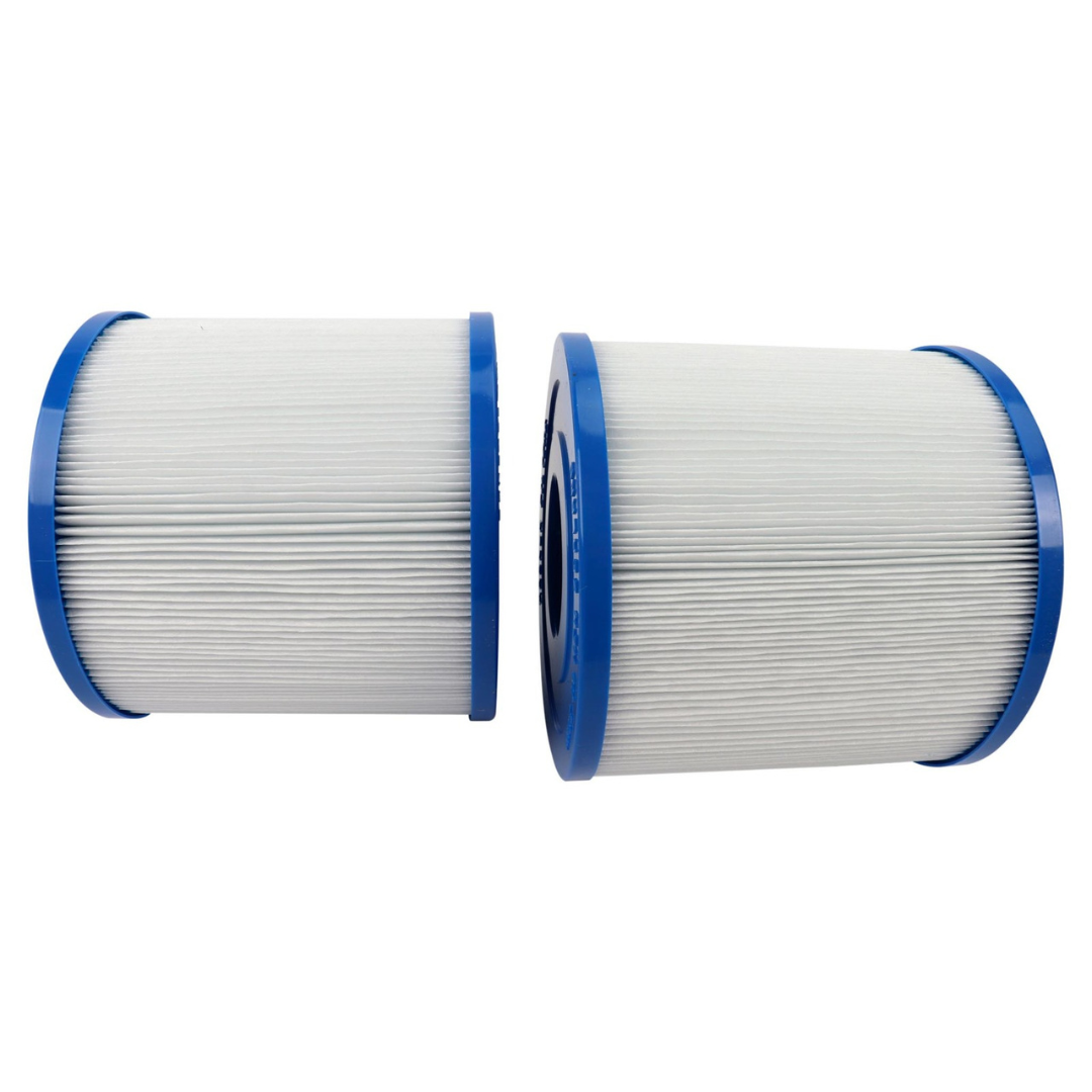 Horizontal view of a two-piece 10401000 C40 replacement filter cartridge set lying flat on a white background showing the blue end caps