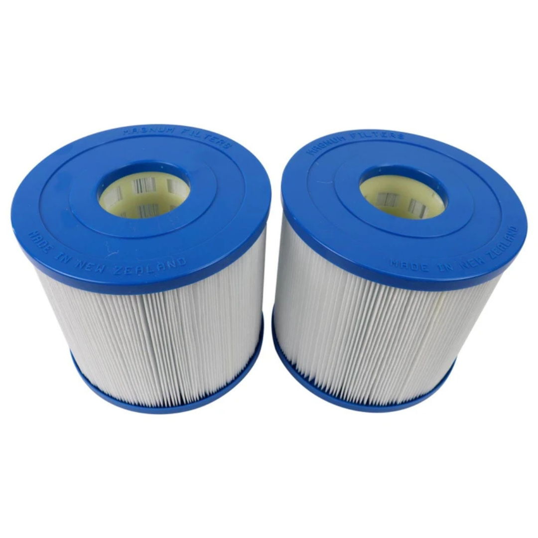 High angle overhead view of a two-piece 10401000 C40 Magnum replacement filter cartridge set highlighting the open blue end caps and internal grates