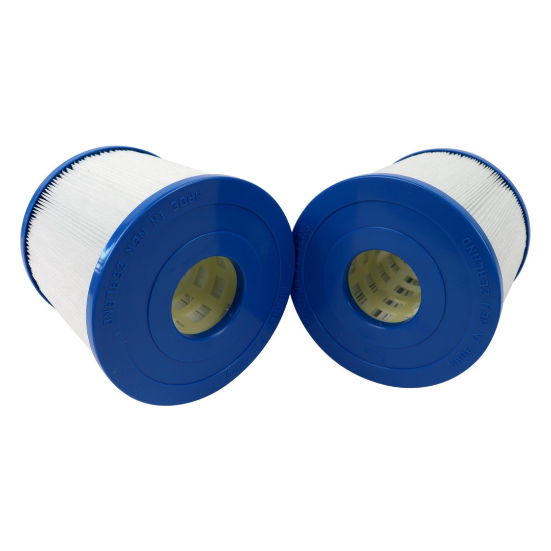 Two 10401000 C40 Magnum replacement filter cartridges showing the blue open end caps with molded text reading MADE IN NEW ZEALAND