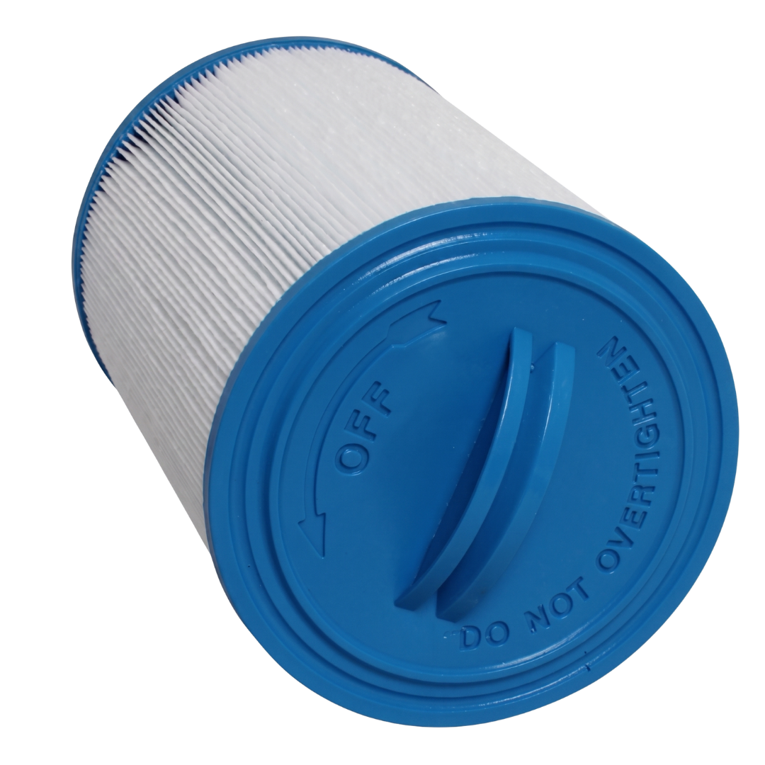 Close-up angled view of a 50 sq ft replacement skimmer filter element showing the blue top cap with a built-in crescent handle and molded text reading DO NOT OVERTIGHTEN and OFF