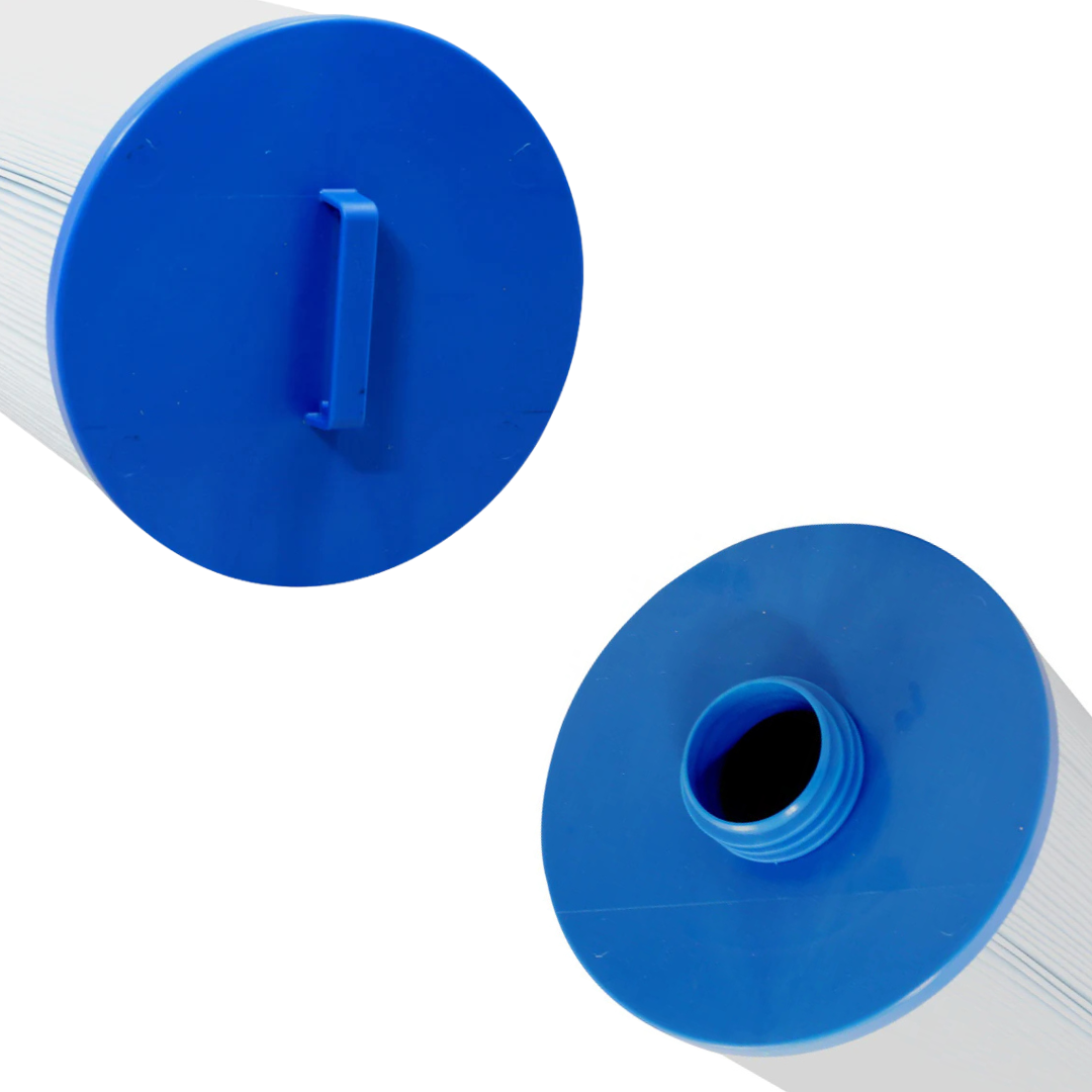 Two 50 sq ft replacement skimmer filter elements showing close-up views of the blue top cap with rigid loop handle and the bottom male threaded spigot