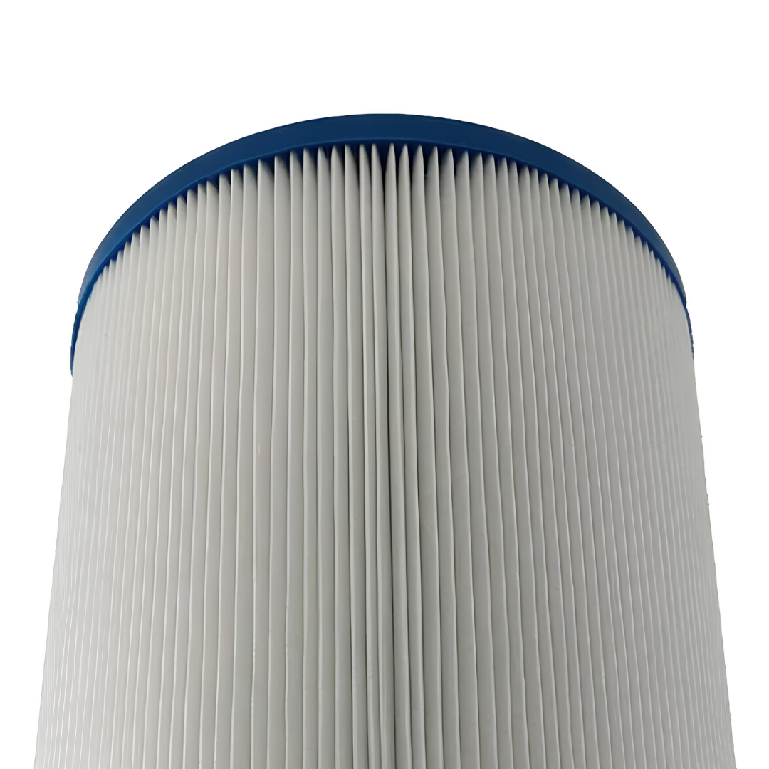 Low angle view looking up a 50 sq ft replacement skimmer filter element showing the dense white pleated fabric material and blue top rim