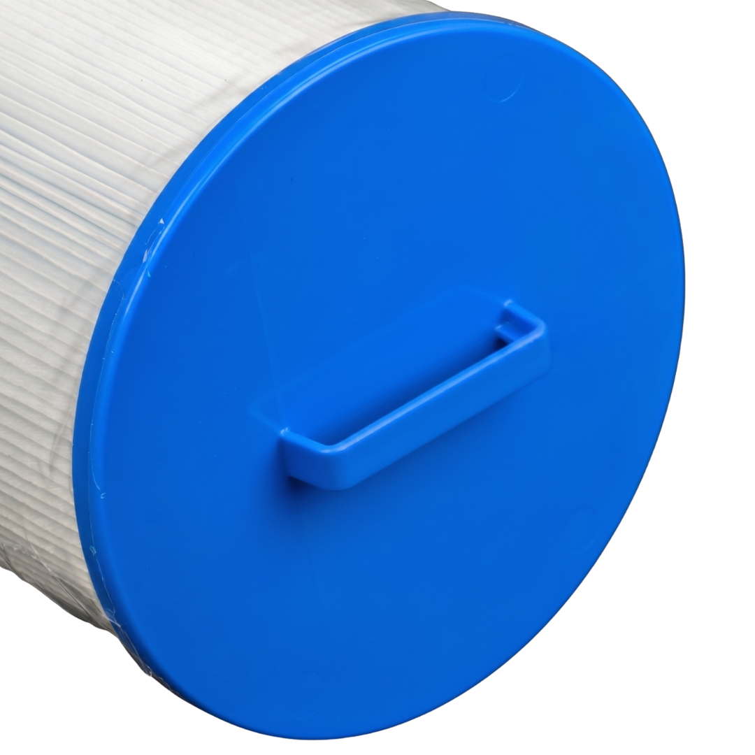 Close-up view of a 50 sq ft replacement skimmer filter element showing a solid blue top cap with a molded rigid loop handle