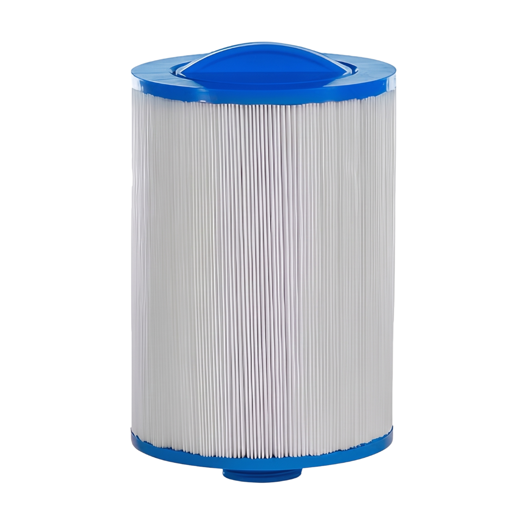 Front view of a 50 sq ft replacement filter element for widemouth screw-in skimmers showing the blue handle top cap and bottom male thread fitting