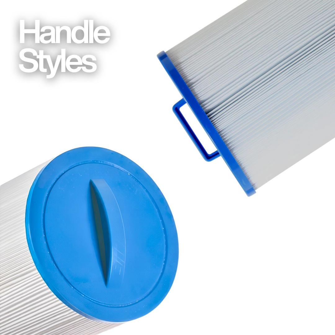Comparison graphic with text Handle Styles showing two 50 sq ft replacement skimmer filter elements with different blue top plastic handle configurations