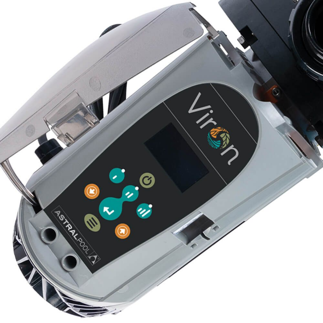 Angled overhead view of the digital LCD control module on an AstralPool Viron P520XT eVo pool pump, highlighting the open protective cover, button keypad layout, and Viron branding isolated on white.