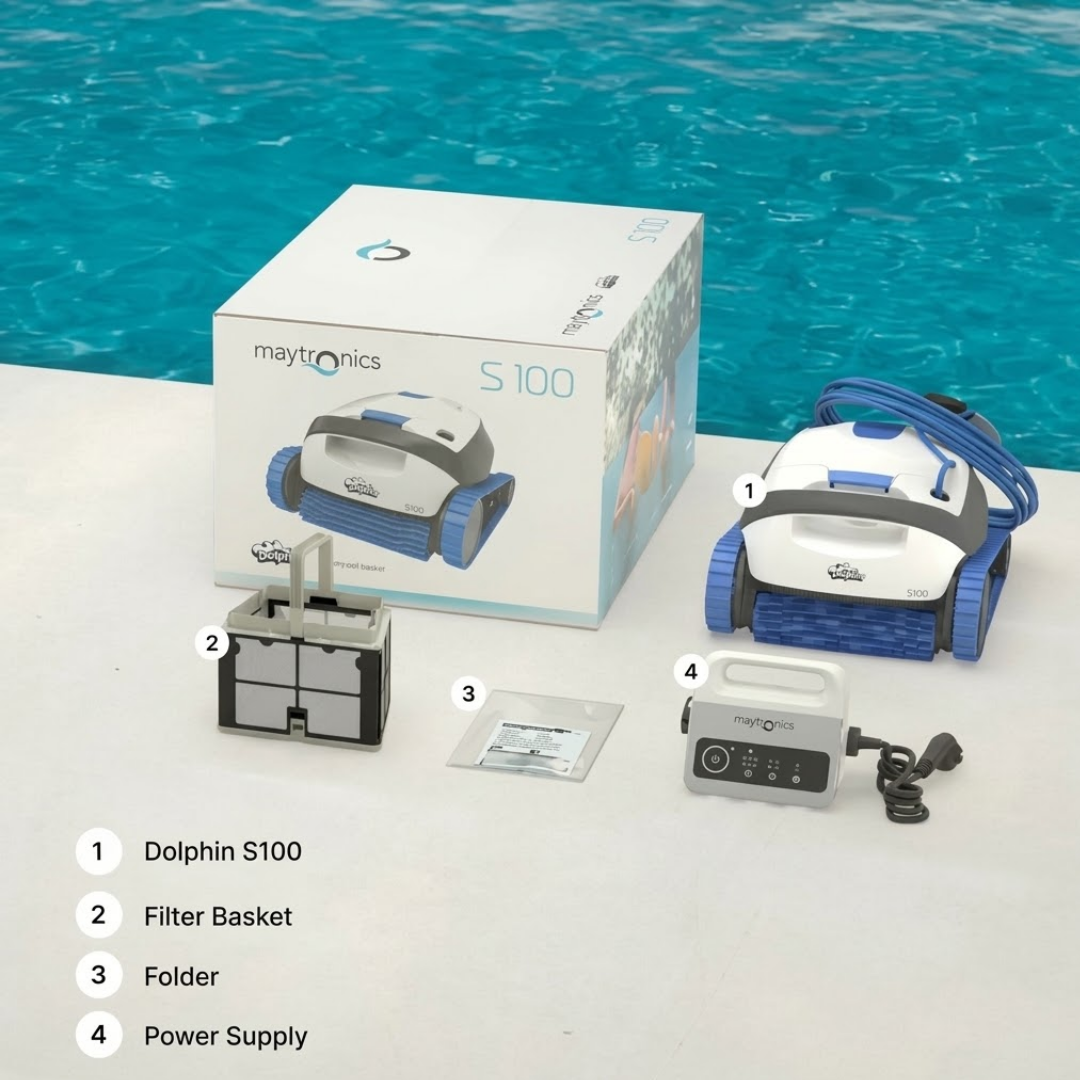 Numbered unboxing overview for the Maytronics Dolphin S 100 robotic pool cleaner showing its product box alongside the main unit, fine filter basket, user documentation folder, and power supply unit.