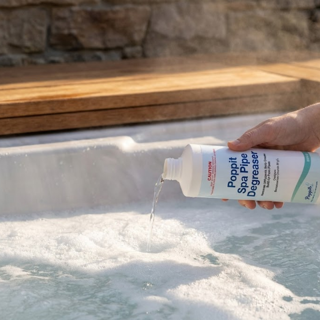 Person using Poppit Spa Pipe Degreaser to clean a hot tub.