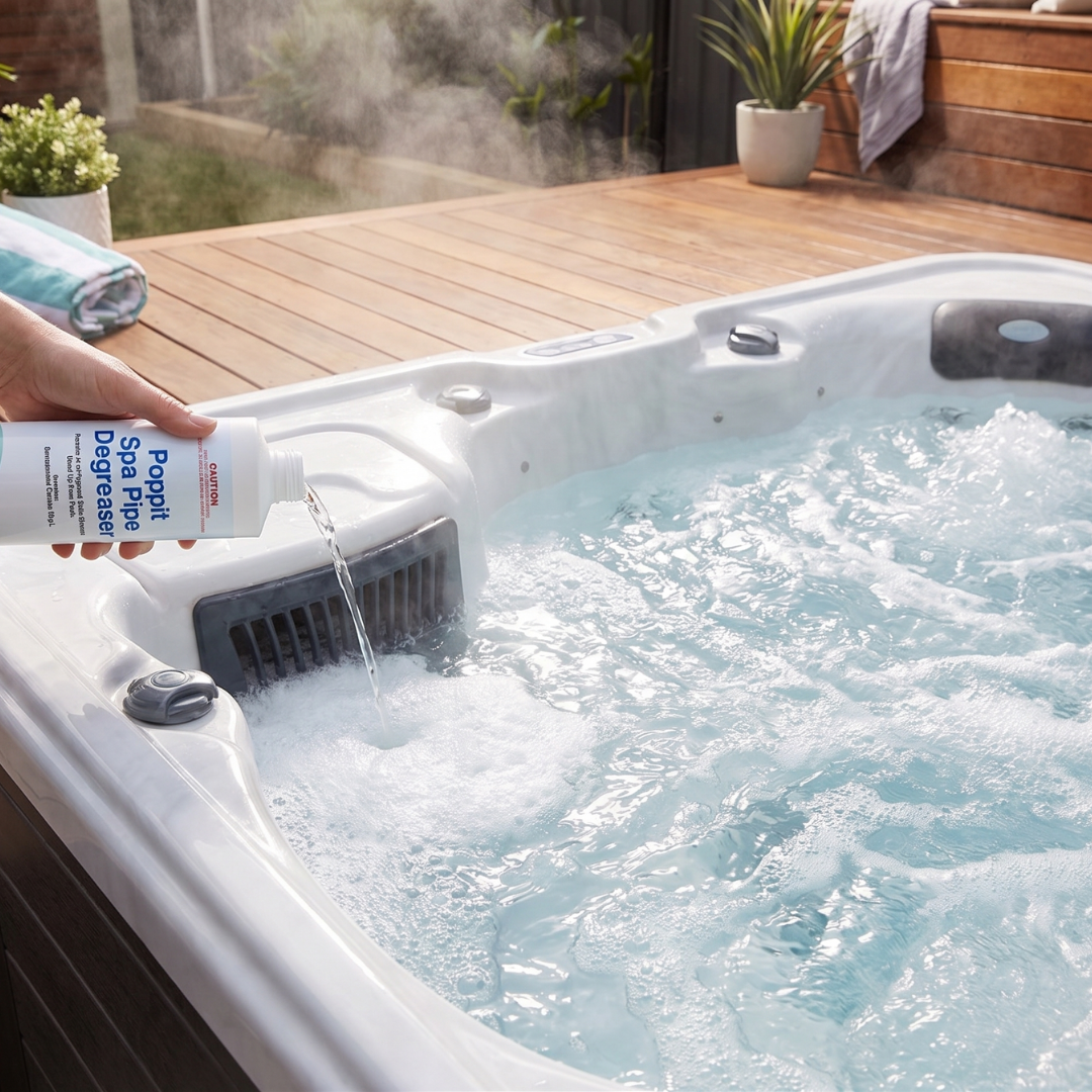 Person using a cleaning product to clean a hot tub outdoors.