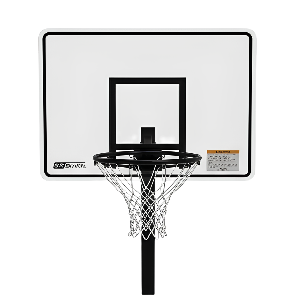 A straight-on frontal view of the S.R. Smith Swim N' Dunk RockSolid commercial pool basketball hoop system showing a clear rectangular acrylic backboard with a thick black outline, a center square target box, a black powder-coated regulation rim with a white nylon net, the S.R. Smith brand logo on the bottom left, and a safety warning label on a solid white background.