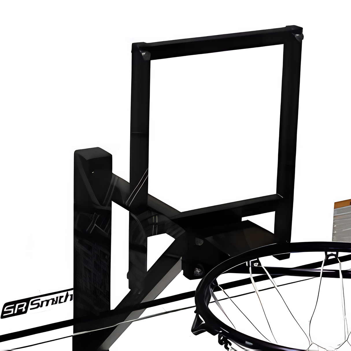 A close-up view of the rear mounting frame assembly on the S.R. Smith Swim N' Dunk RockSolid pool basketball hoop system showing the black heavy-duty steel support structure, target square frame bracket, a section of the clear acrylic backboard with the black S.R. Smith brand logo, and the top attachment points of the black regulation rim on a solid white background.