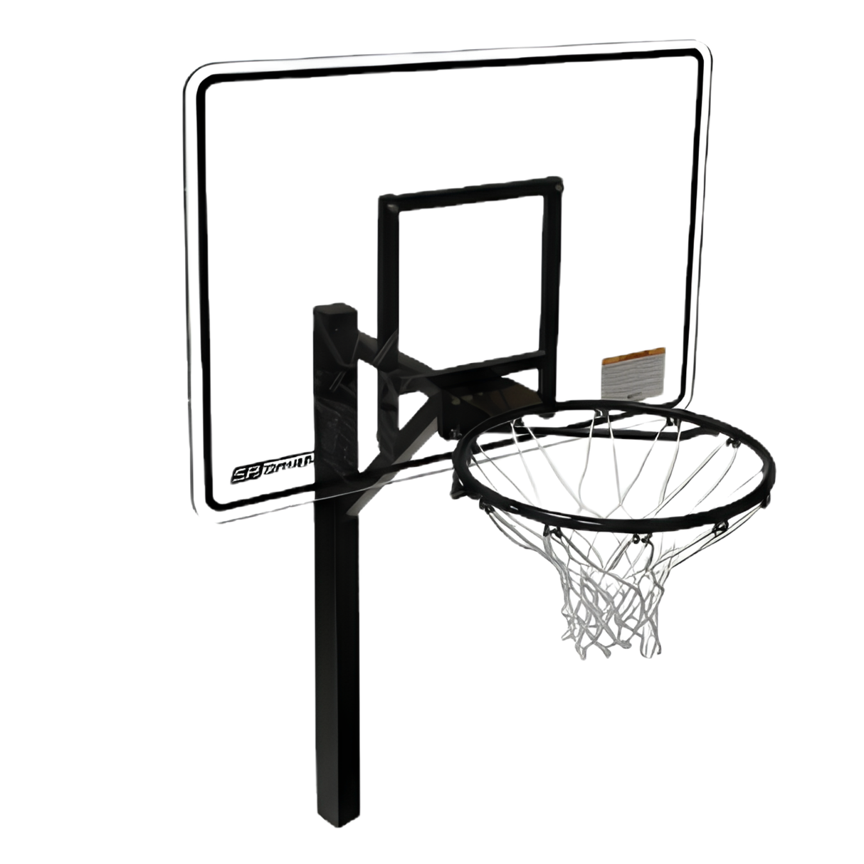 A right-angled perspective view of the S.R. Smith Swim N' Dunk RockSolid poolside basketball hoop system showcasing its clear acrylic backboard with a black perimeter border, a heavy-duty single black support post, a black vinyl-coated regulation rim with a white nylon net, the S.R. Smith logo printed on the lower left, and a safety warning sticker on a plain white background.