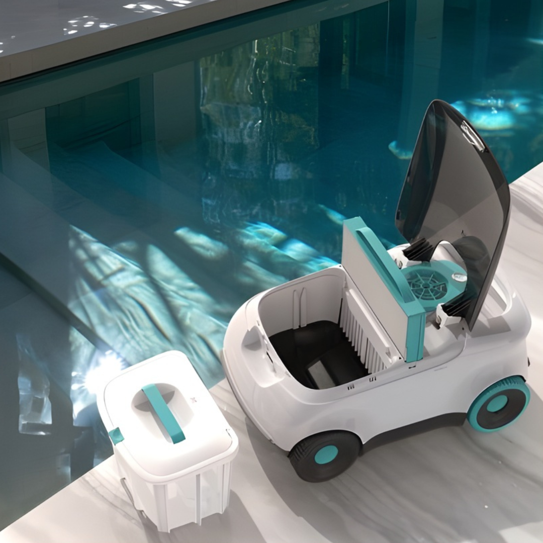 High-angle lifestyle view of an Aiper Scuba L1 robotic pool cleaner sitting poolside with its top lid popped open, showing a removed white debris filter basket beside the unit and another filter cartridge inside.