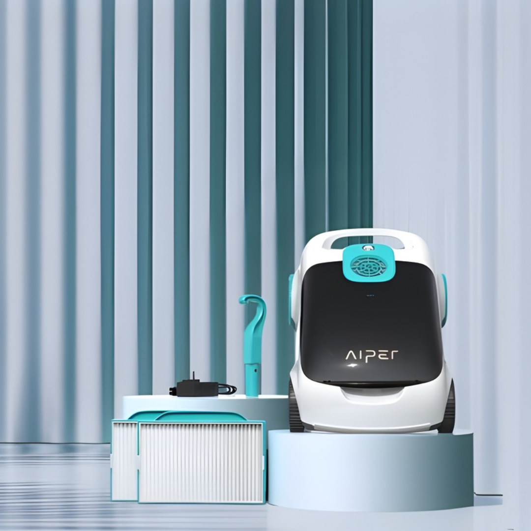 Studio product display of the Aiper Scuba L1 robotic pool cleaner set on a pedestal alongside its included package accessories, featuring fine pleated filter panels, a retrieval hook, and power adapter charger on a light blue background.