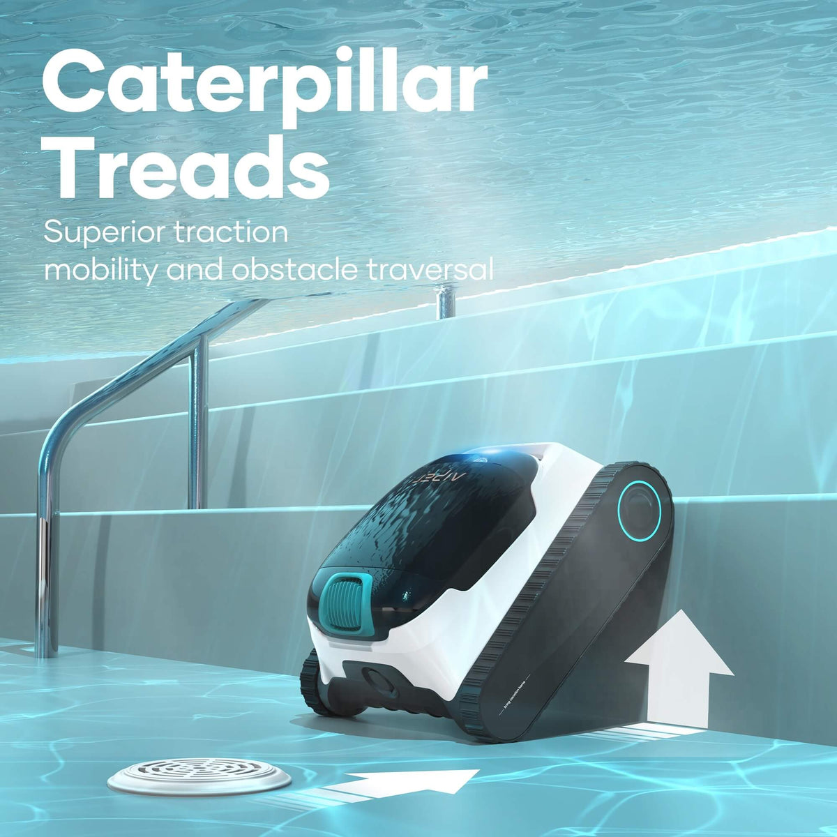 Promotional graphic for the Aiper Scuba N1 robotic pool cleaner demonstrating Caterpillar Treads for superior traction, mobility, and obstacle traversal while climbing underwater pool steps alongside a handrail.