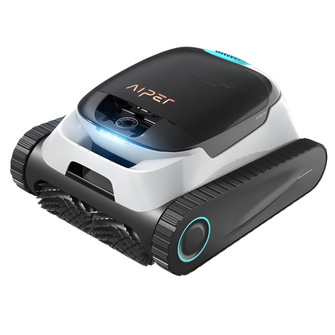 Front three-quarter studio view of an Aiper Scuba N1 robotic pool cleaner, featuring caterpillar treads with blue accents, front scrubbing brush, LED status light bar, and top Aiper branding isolated on white.