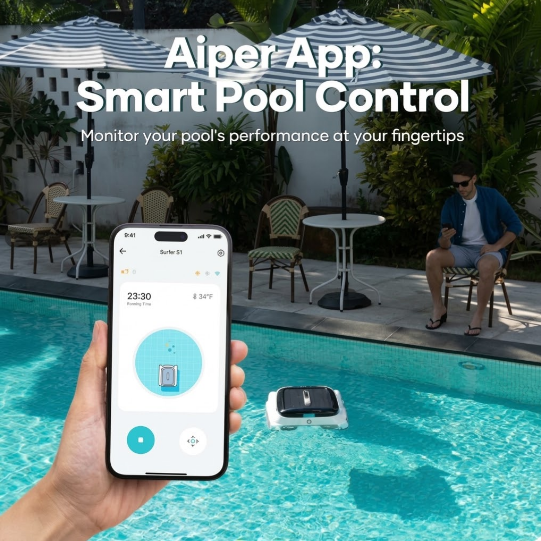 Lifestyle view showing a hand holding a smartphone displaying the Aiper App smart control interface for the Surfer S1, with the robotic pool skimmer floating in a swimming pool and a man seated poolside in the background.