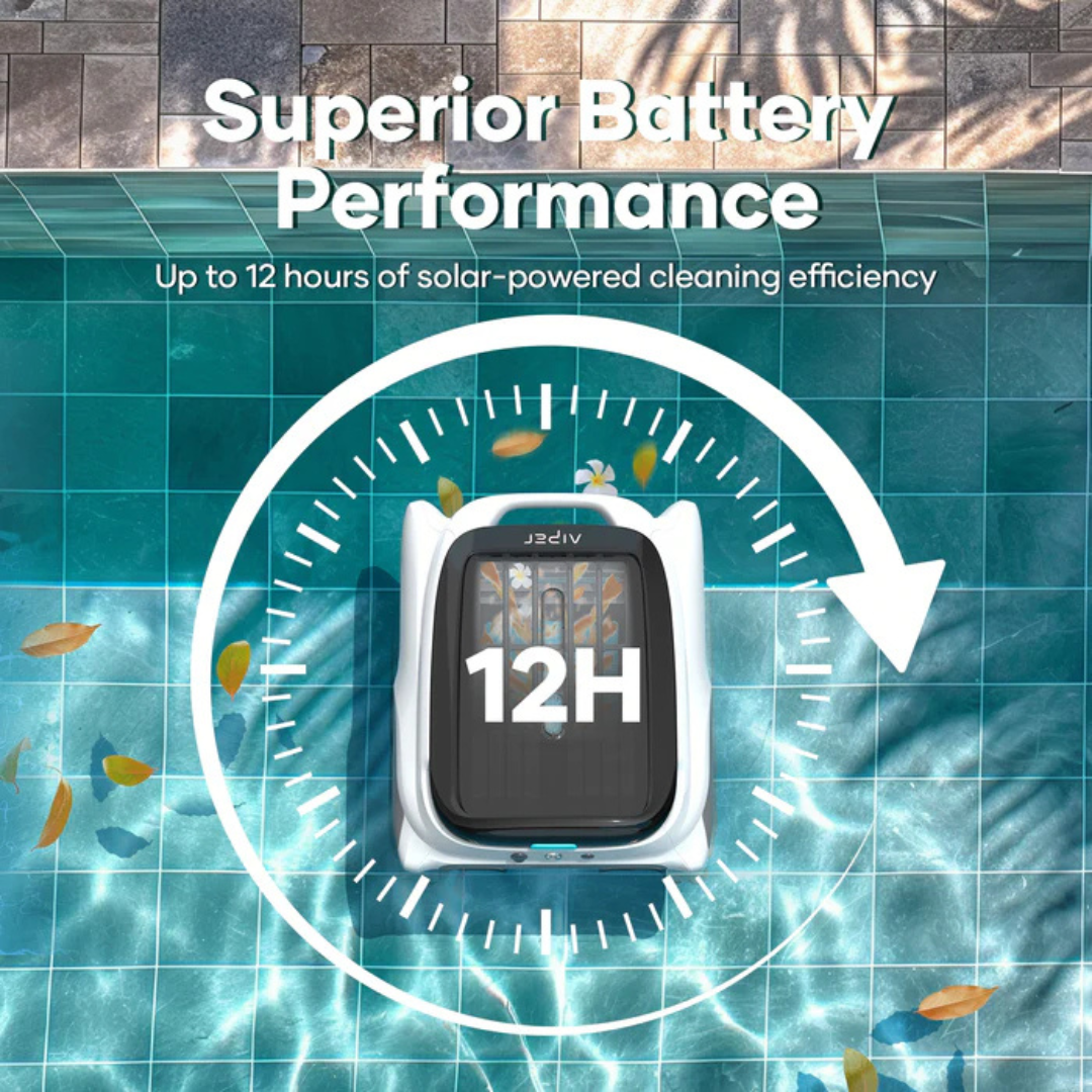 Infographic lifestyle view highlighting superior battery performance for the Aiper Surfer M1 robotic pool skimmer, showing top-down view of the unit skimming leaves off blue pool water framed by a circular clock graphic indicating up to 12 hours of solar-powered cleaning efficiency.