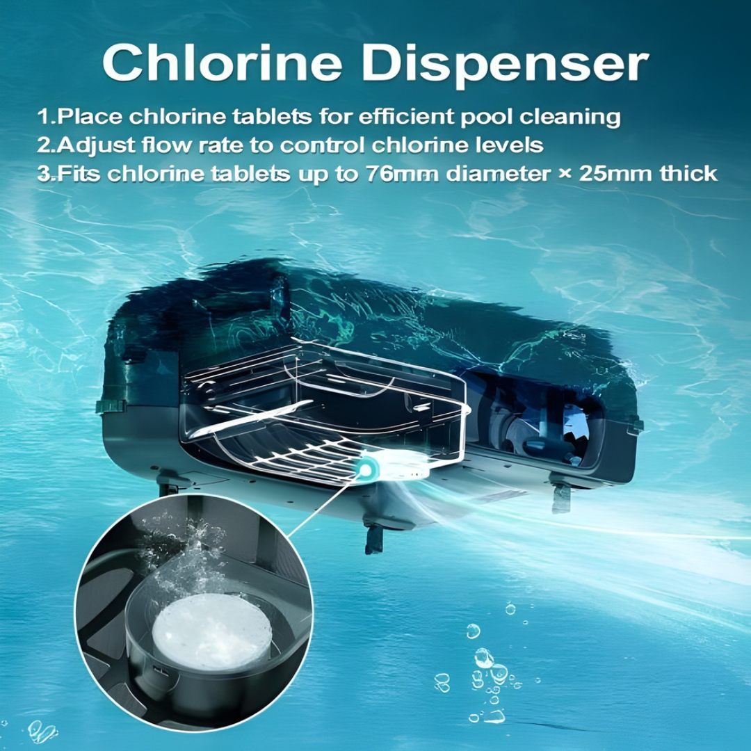 Infographic underwater cutaway view of the Aiper Surfer S2 robotic pool skimmer, highlighting its integrated chlorine dispenser feature, adjustable flow rate control, and tablet capacity fitting sizes up to 76mm diameter by 25mm thick.