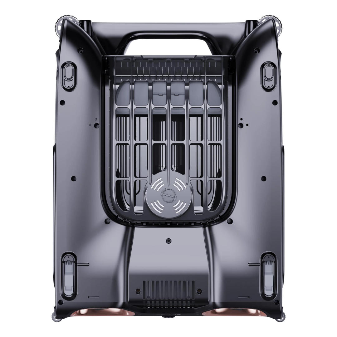 Direct bottom plan studio view of the Aiper Surfer S2 robotic pool skimmer on an isolated white background, detailing its central debris intake grid, integrated chlorine dispenser cap, corner guide wheels, and anti-stranding columns.