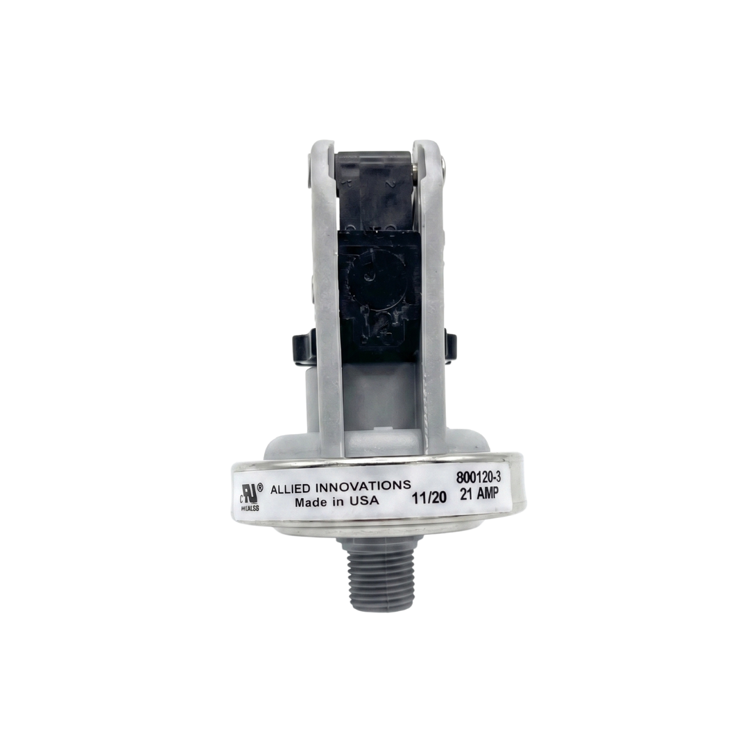 Allied Innovations 800120-3 21 AMP pressure switch for the Davey Eco Spa salt chlorinator, showing the white product label, manufacturing details, and threaded connection.