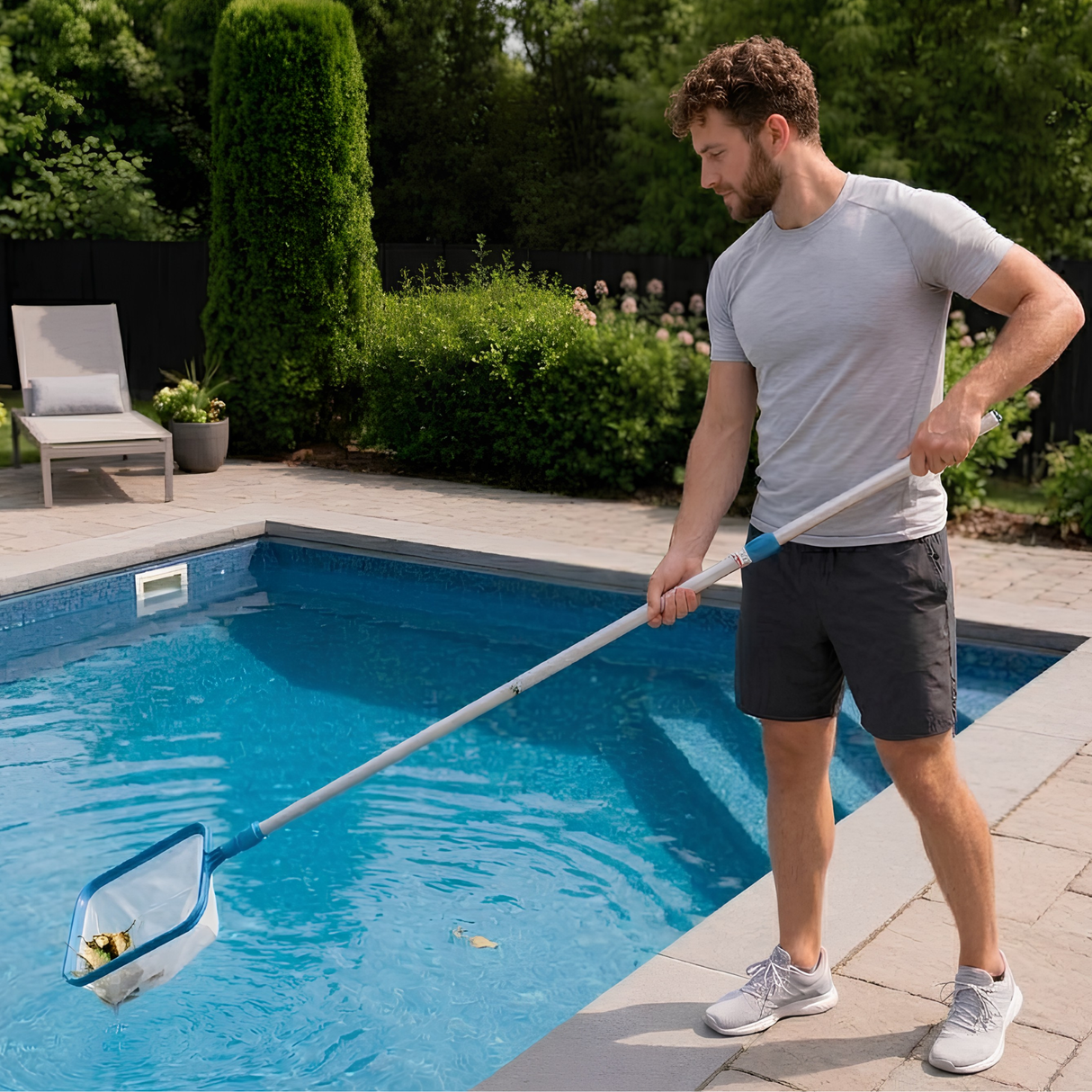 A lifestyle shot of a man standing poolside, using a silver aluminum telescopic pole with a blue leaf rake skimmer net to clear floating leaves from a blue inground swimming pool. The scene is set on a paved concrete patio bordered by green bushes, a stone wall, and an outdoor lounge chair.