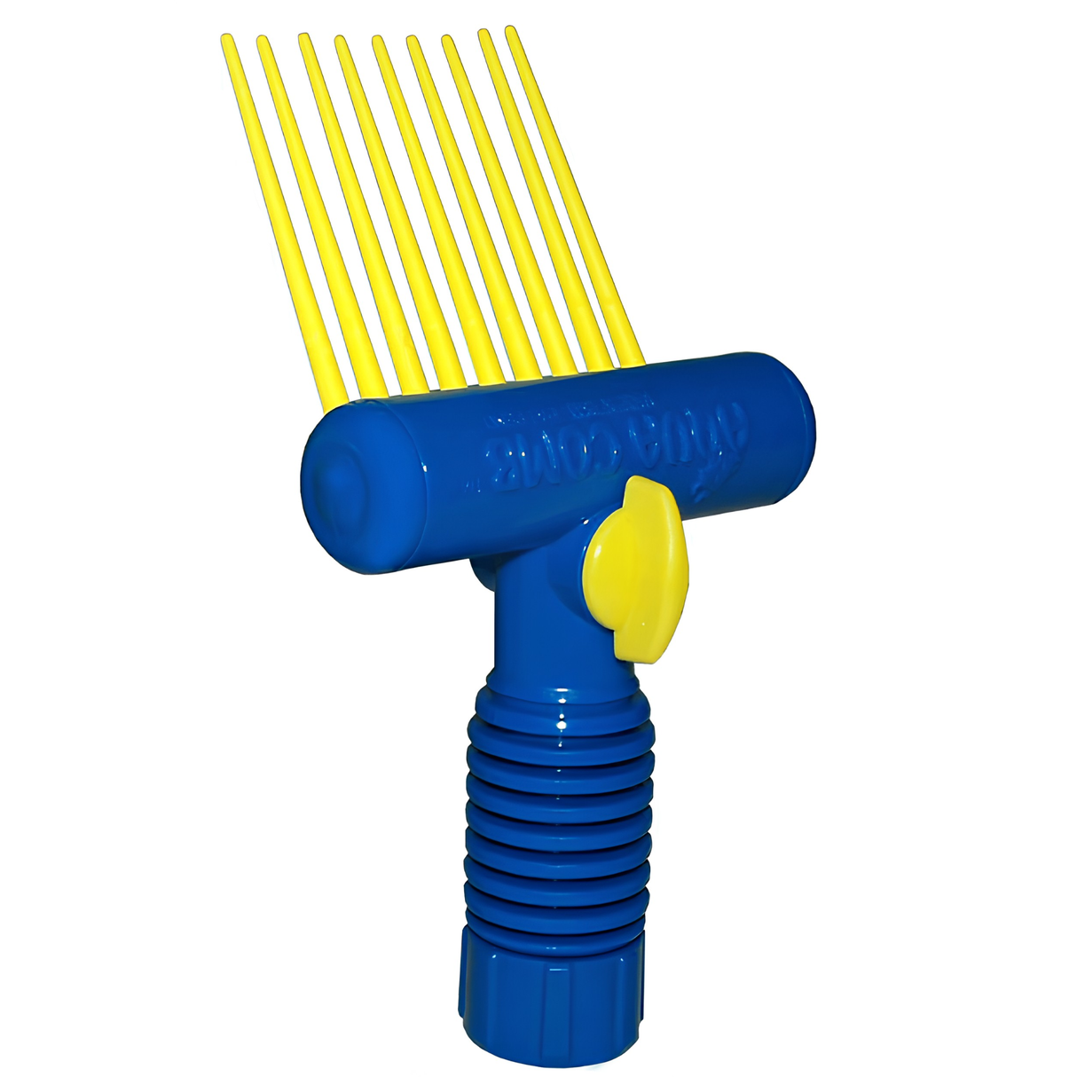 A vertical studio shot of a blue and yellow Aqua Comb filter cleaning wand isolated on a white background, showing the ribbed handheld handle, yellow control dial, and long straight plastic teeth used to clear debris from pleated pool filters.
