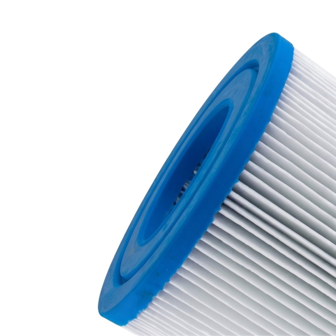 Close-up angled view of a 50 Sq Ft replacement filter cartridge for Artesian and South Seas Dyno Flo spas showing the recessed open center hole of the blue end cap