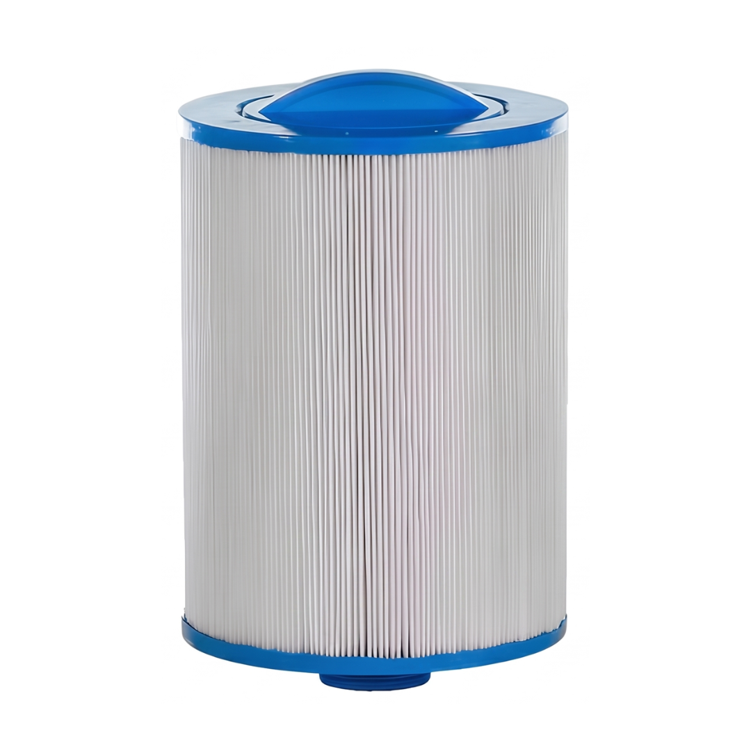 A cylindrical washable Artesian Spa filter cartridge showing white pleated filter media with a blue top handle cap and bottom thread.