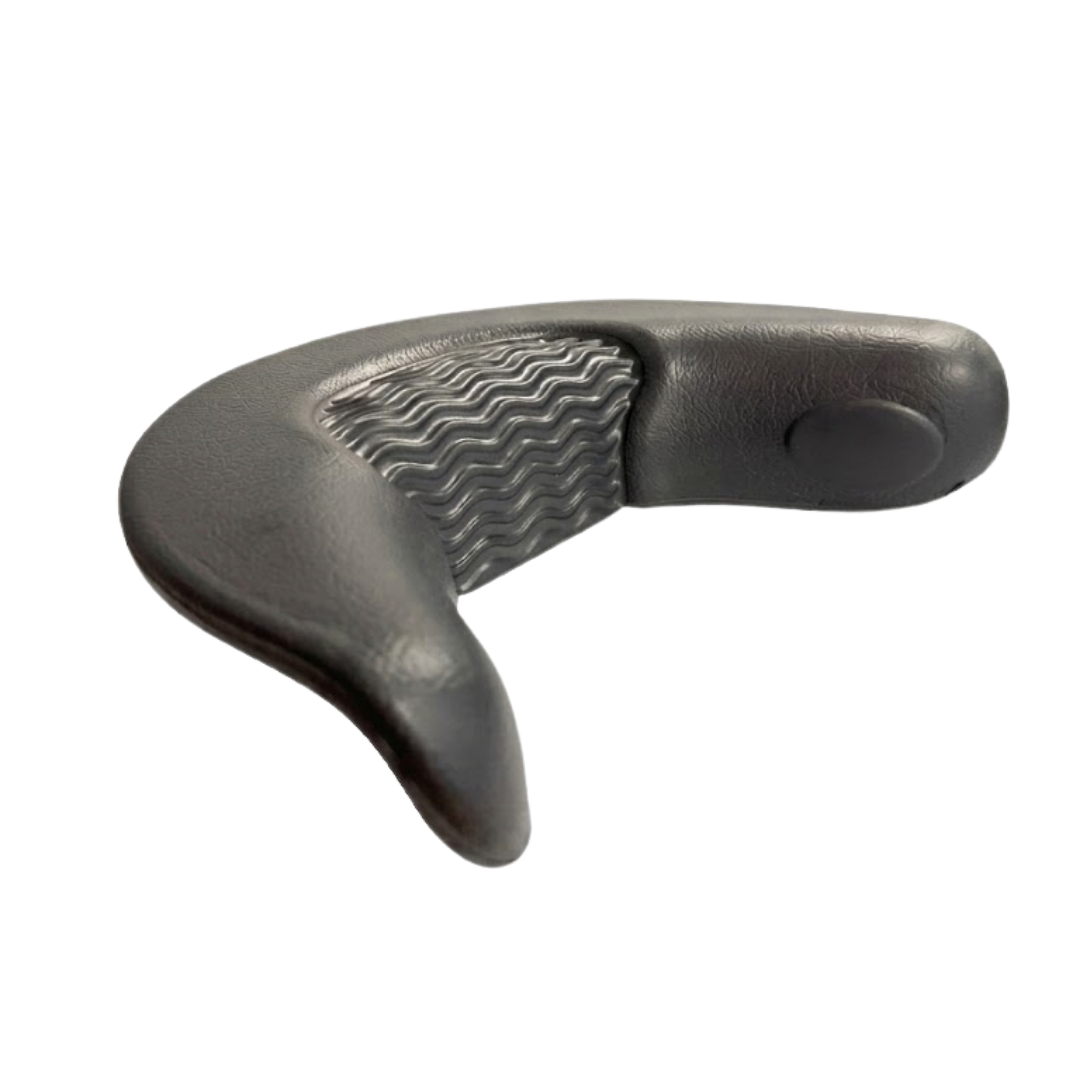 Angled side view of an Artesian Spas Island series neck collar charcoal grey replacement spa pillow, showcasing the textured finish, curved crescent design, and wavy center insert.