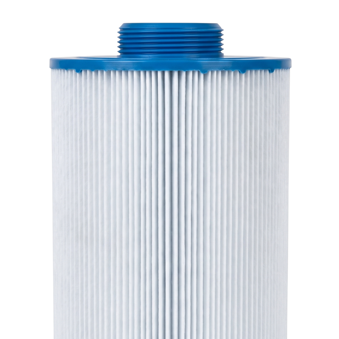 Straight close-up view of the blue end cap with a raised male threaded connection fitting on a 75 Sq Ft replacement filter cartridge for Artesian Island Spas
