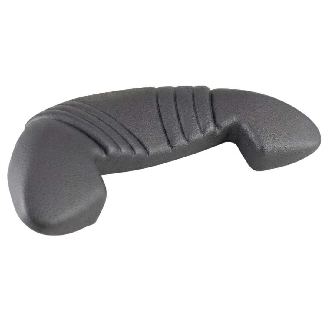 Angled front view of an Artesian Spas Island series charcoal grey replacement waterfall headrest pillow, highlighting the textured finish, ribbed center pattern, and bottom cut-out shape.