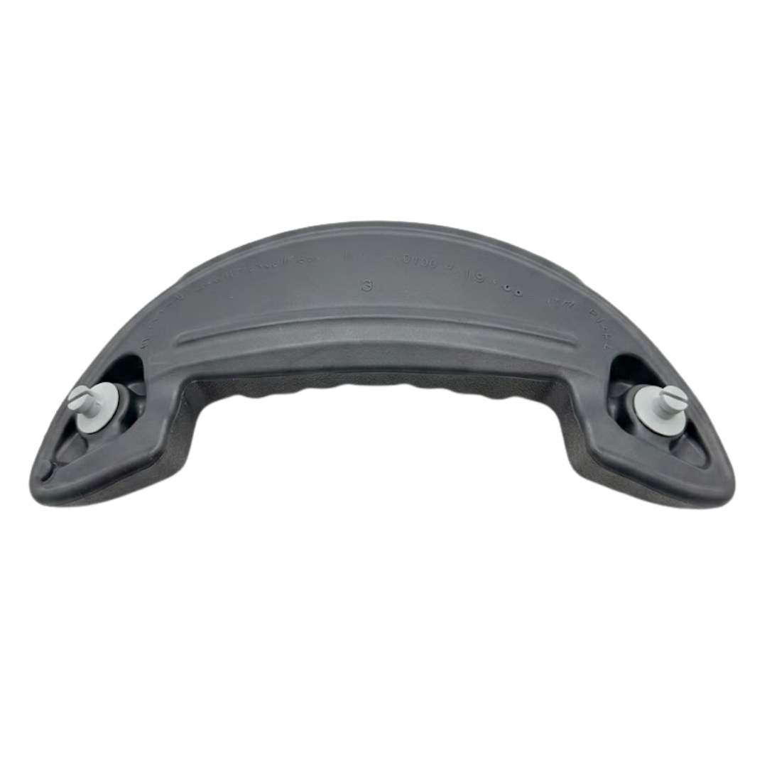 Rear view of an Artesian Spas Island series charcoal grey replacement waterfall headrest pillow showing the two plastic mounting pins, cut-out bridge shape, and part number markings on the back.