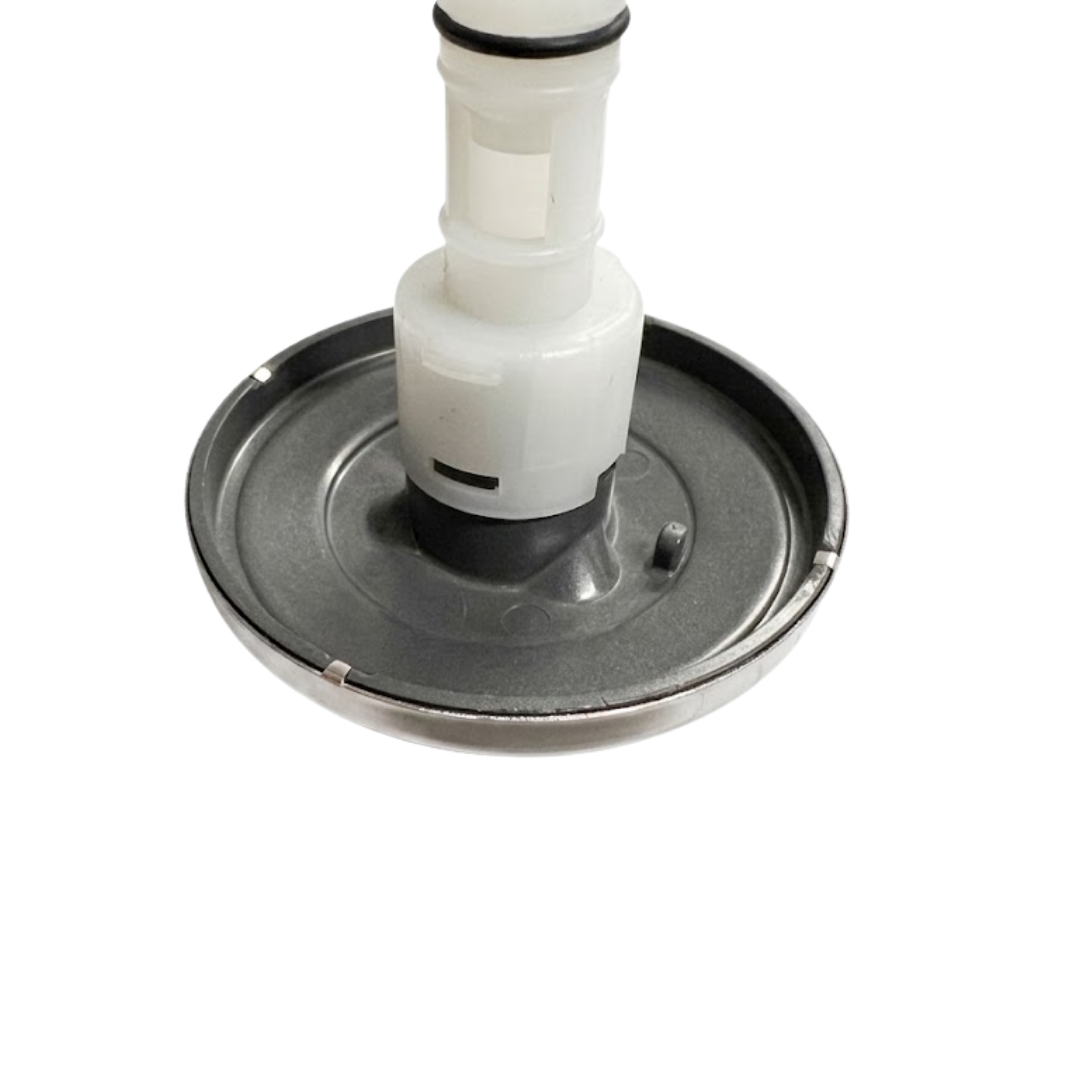 Close-up angled view of the rear face flange housing on an Artesian C-Helix 2.75 SS spa jet insert, showing the dark grey back flange plate, small indexing pin, and white body stem with black O-ring.
