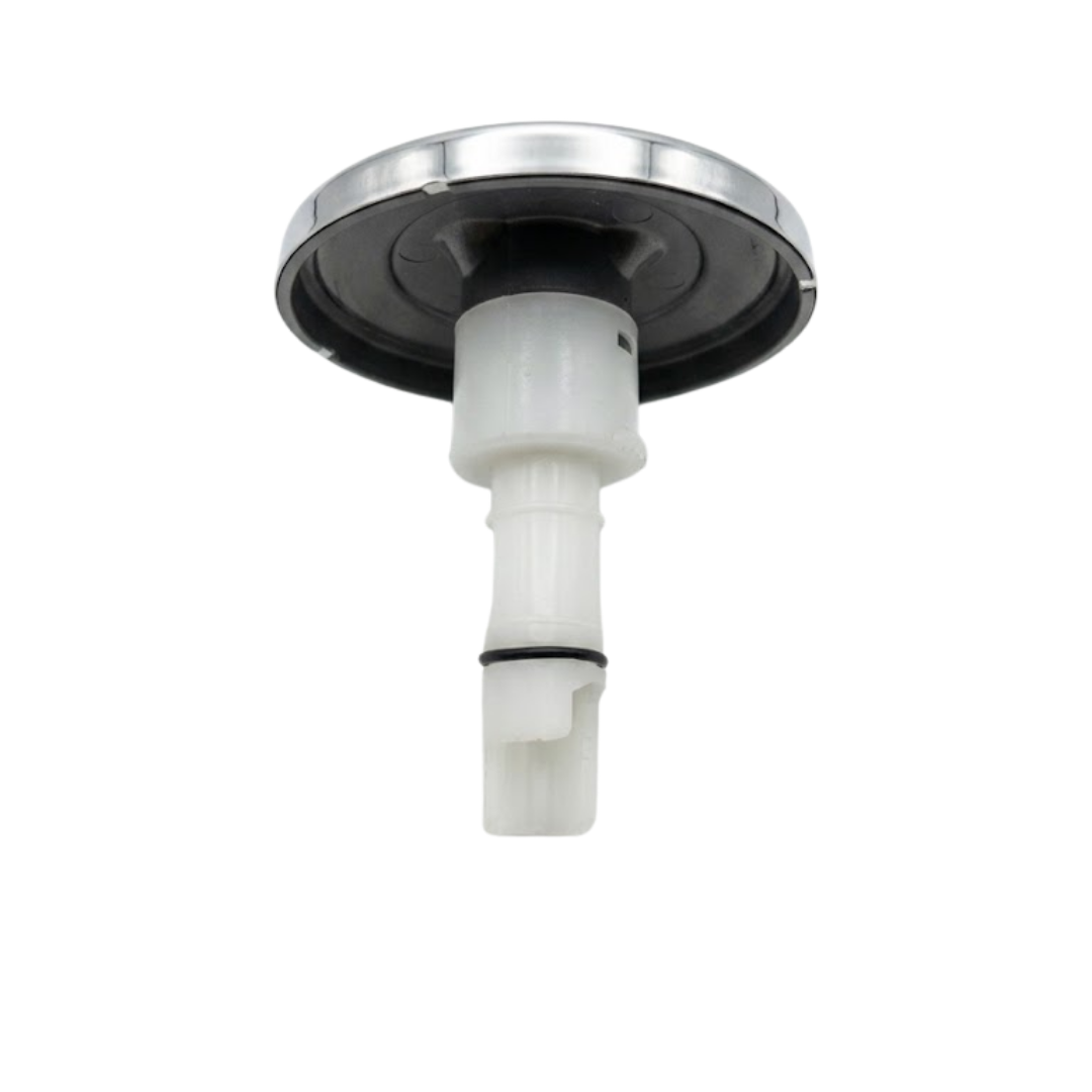 Side profile view of an Artesian C-Helix 2.75 SS spa jet insert, showing the polished stainless steel face plate rim, dark grey backing ring, and extended white plastic stem with a black O-ring.