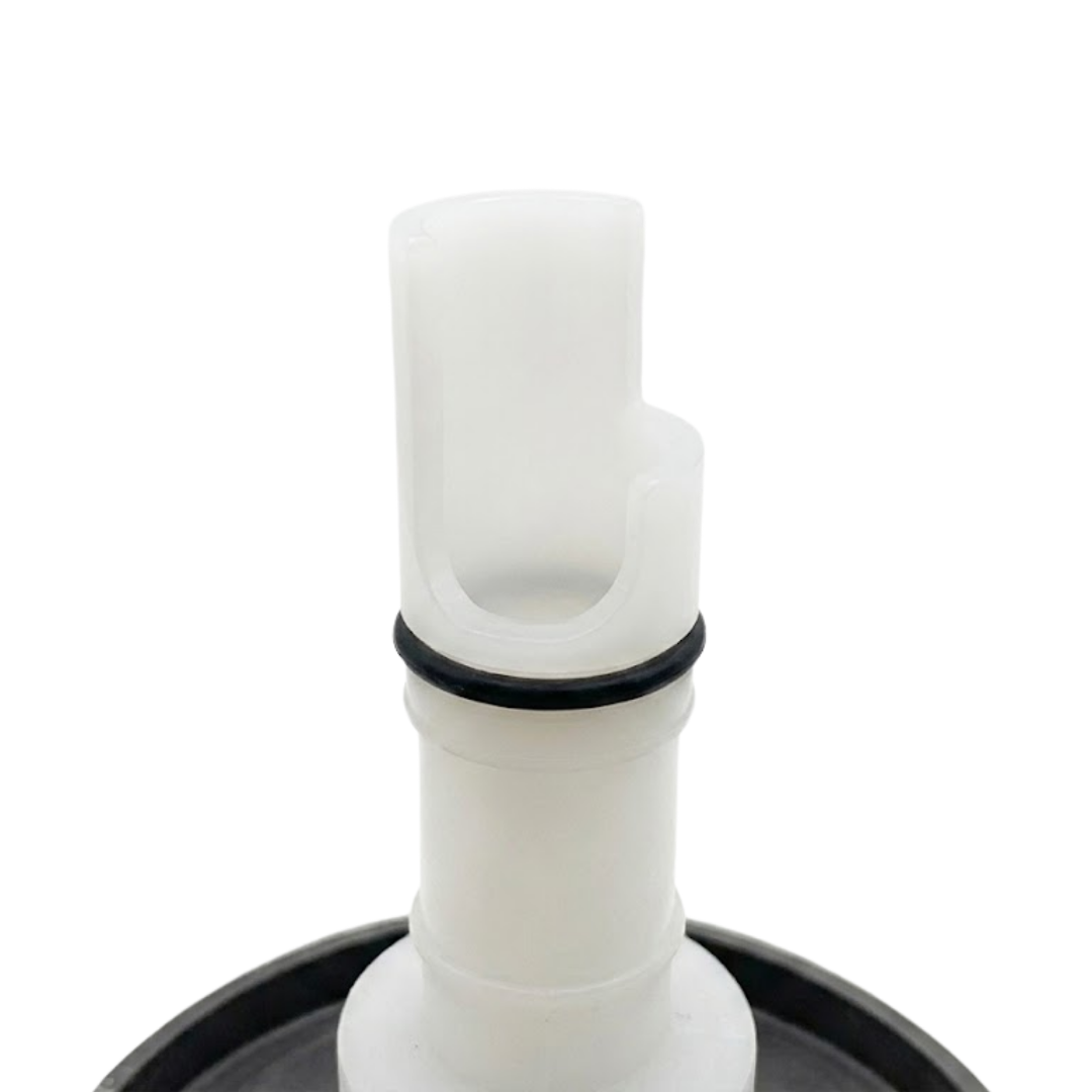 Close-up view of the white translucent plastic stem on an Artesian C-Helix 2.75 SS spa jet insert, showing the black rubber O-ring and top intake cutout window.