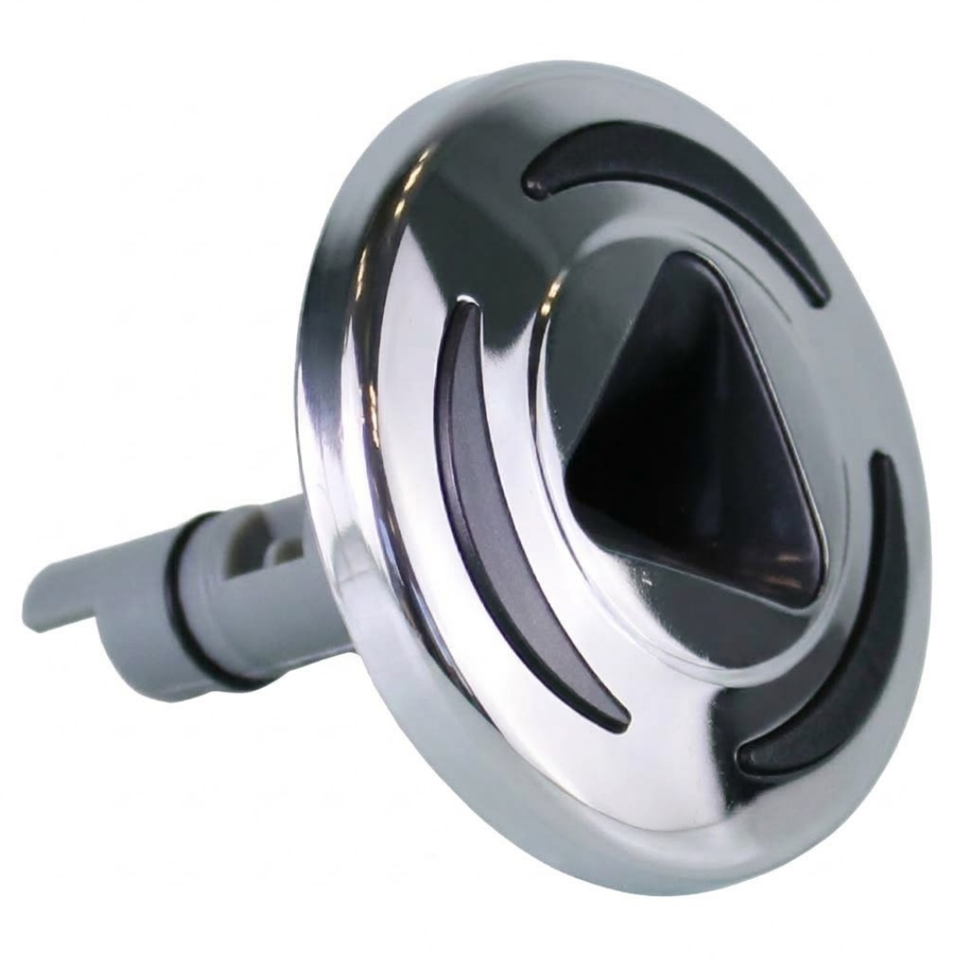 Three-quarter angled view of an Artesian C-Helix 2.75 SS spa jet insert, showing the polished stainless steel bezel with dark curved grip accents, triangular orifice, and rear grey mounting stem.