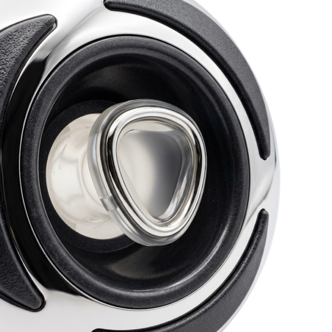 Close-up angled view of an Artesian C-Helix 3 ROTO SS spa jet insert face, highlighting the stainless steel rim with black textured grips and the clear triangular rotating roto nozzle.