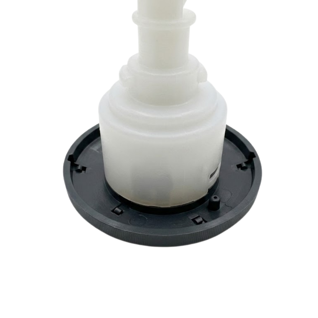 Close-up angled view of the rear face flange housing on an Artesian Halo 3 Massage plastic spa jet insert, showing the dark textured bezel ring base, retention slots, and lower translucent white plastic body casing