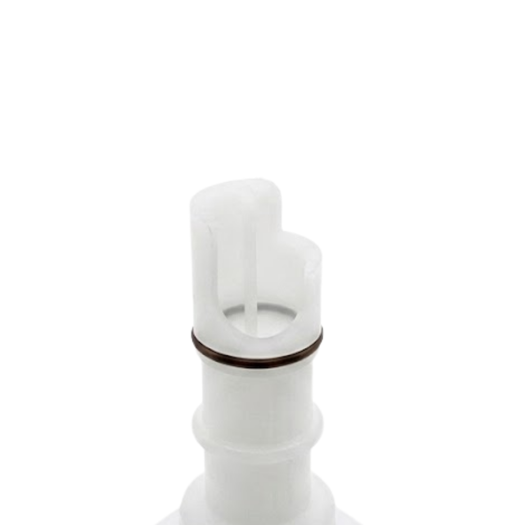 Close-up view of the translucent white plastic lower stem on an Artesian Halo 3 Massage plastic spa jet insert, featuring a dark rubber O-ring seal and notched end tip.