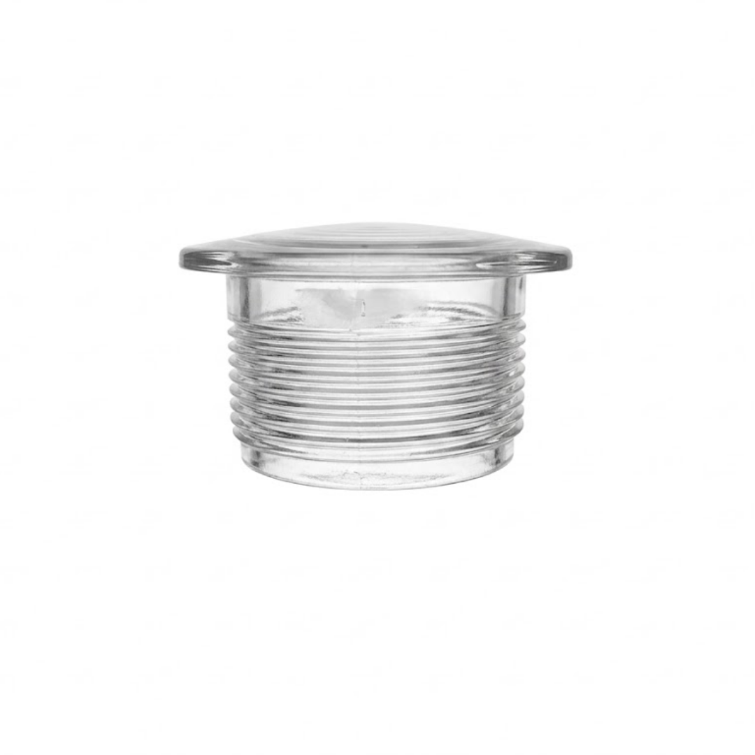 Horizontal side view of the clear Artesian 2-inch Xylex/PVC light lens, showing the raised front flange and threaded clear plastic body isolated on white.