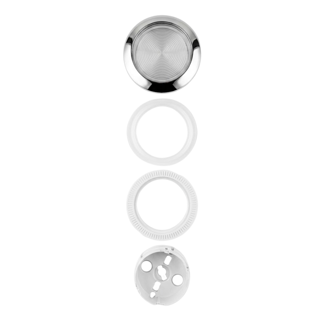 Vertical overhead view showing disassembled components of the Artesian 5-inch light housing assembly arranged in sequence: stainless steel rim with lens, clear sealing gasket, threaded white mounting ring, and rear socket body.