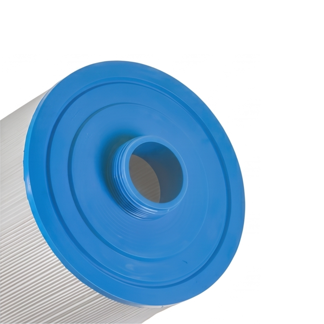 Close-up view of the blue threaded bottom connection spigot on a pleated Artesian Spa filter cartridge.