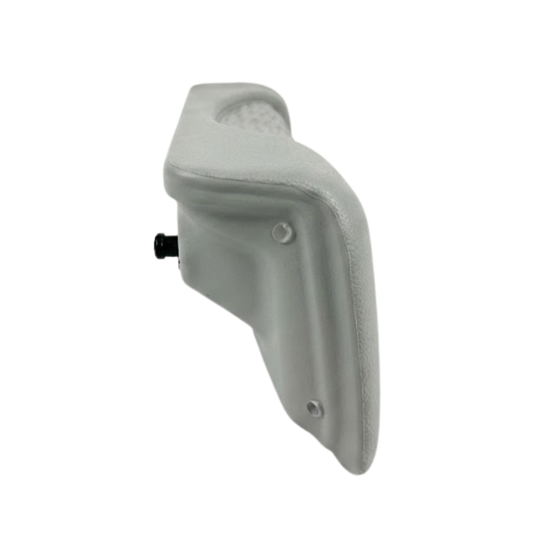 Straight side profile view of a light grey foam replacement lounger headrest pillow for an Artesian hot tub, showing its right-angle structure, front cushioning profile, and rear black plastic attachment pin on a white background.