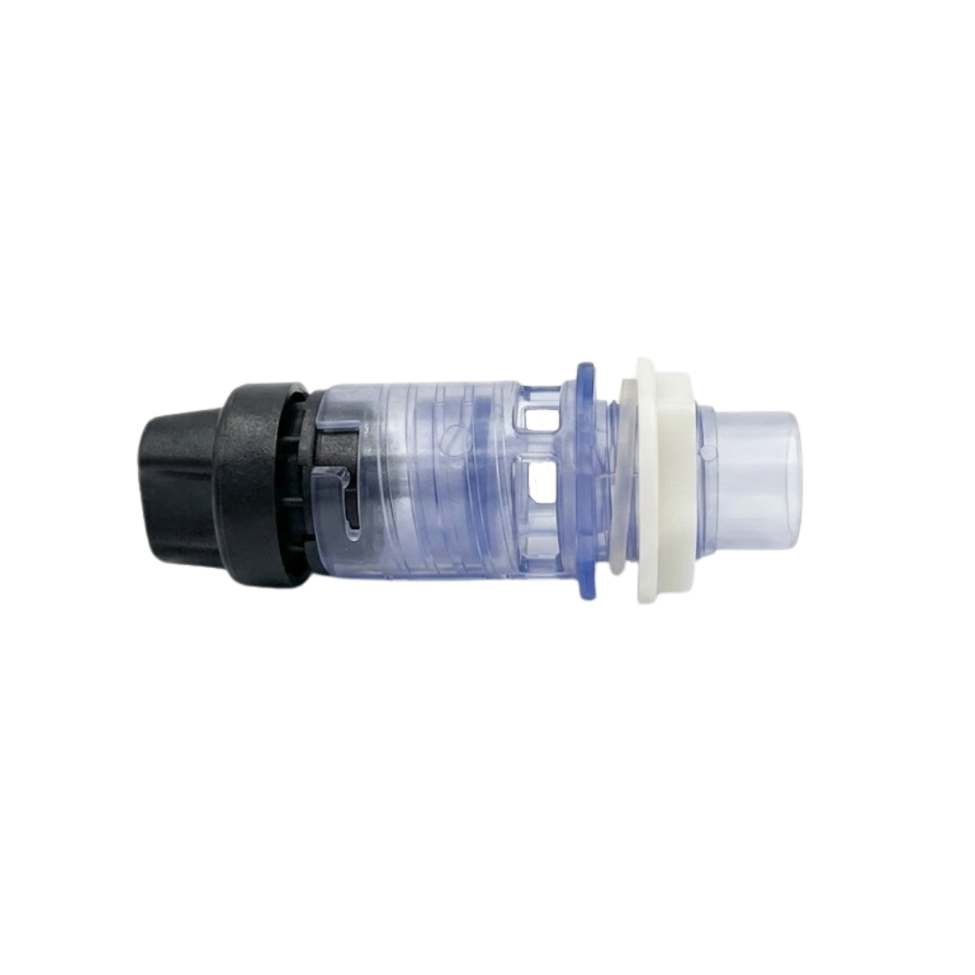 A full horizontal side profile view of an assembled Artesian Spas spillway on and off water valve showing the dark grey control handle over the clear plastic body housing and white locking nut
