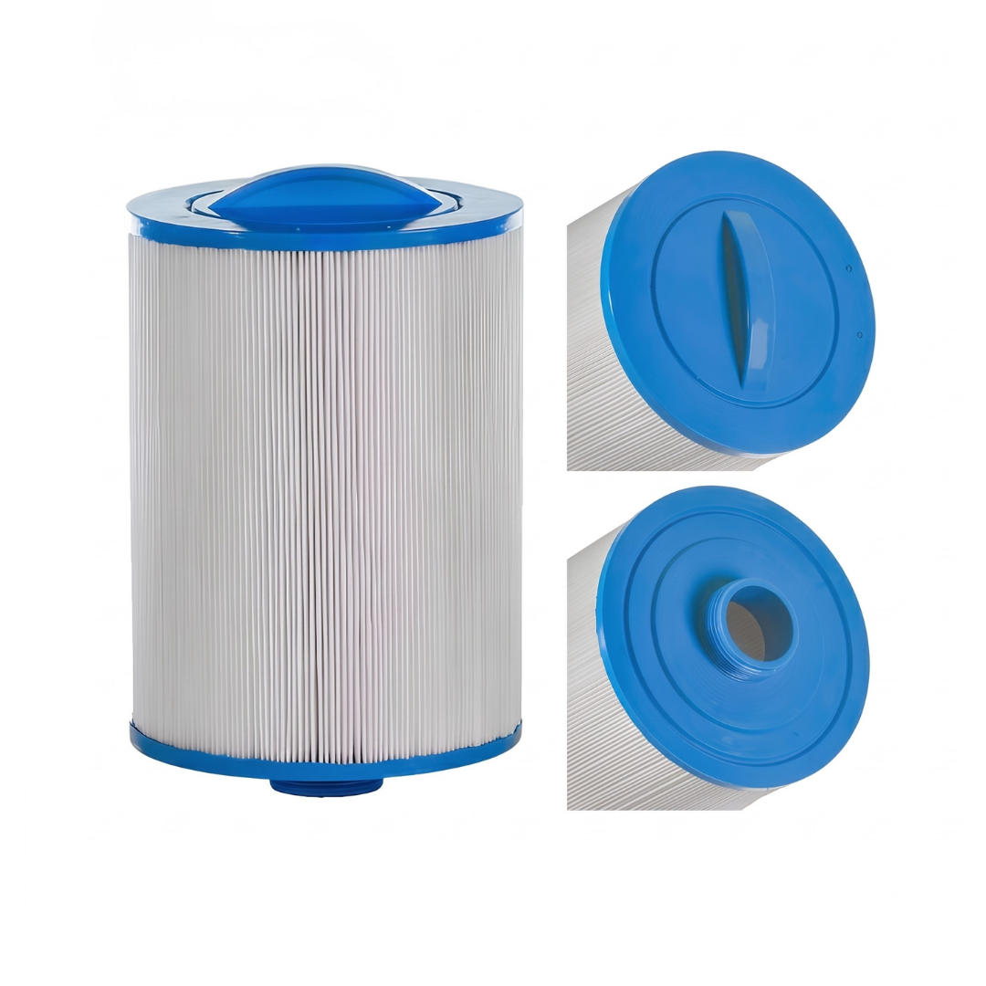 Product showcase of a washable blue Artesian Spa filter cartridge showing the side profile, top handle design, and bottom threaded connection.