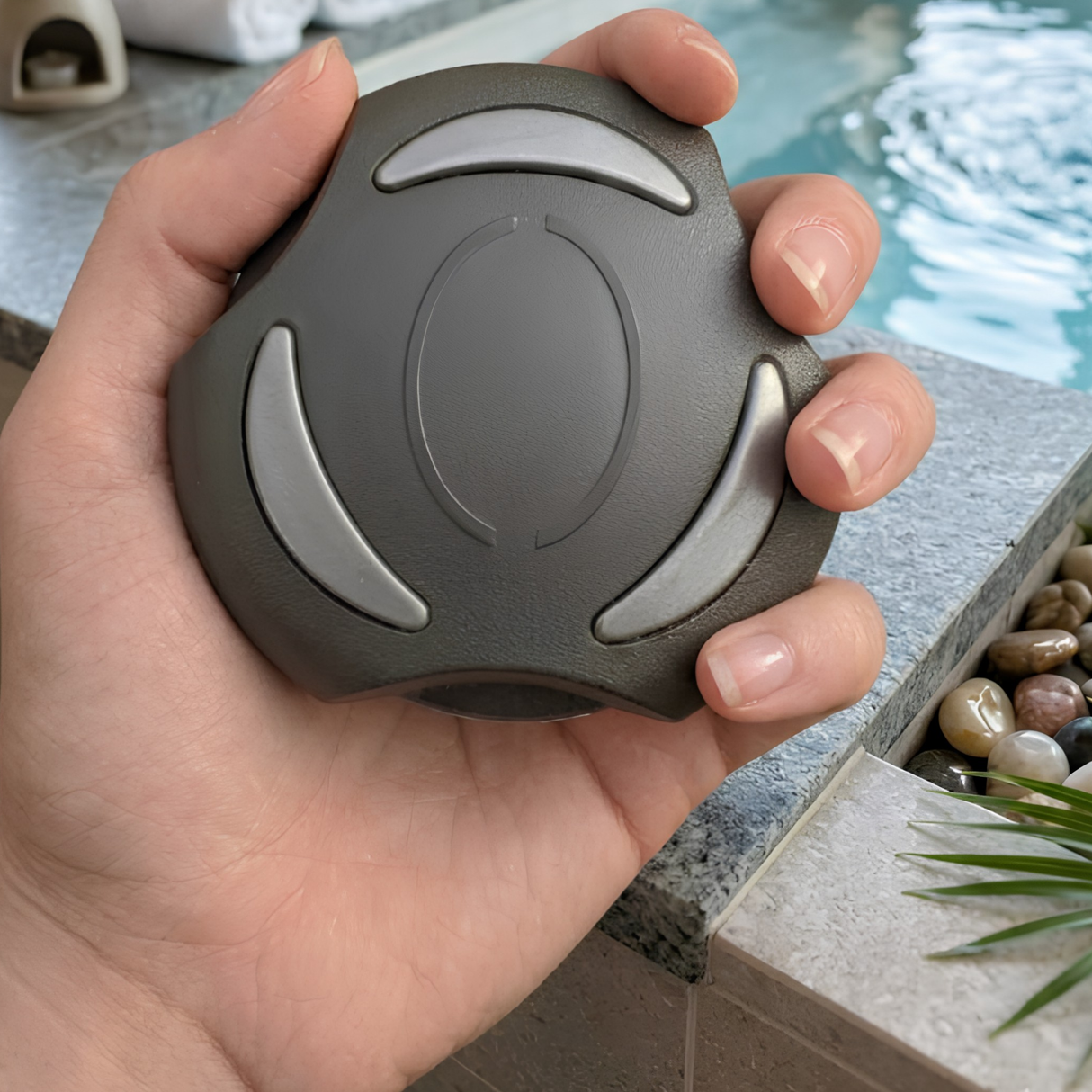 A person holding an Artesian Spas 2-inch hot tub diverter valve replacement knob (OP08-1360-52C) in their hand next to a swimming pool edge to show the real-world scale and texture of the component.