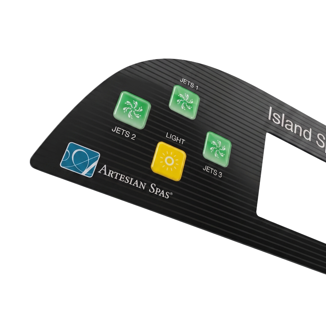 Close-up of the left side operation controls on an Artesian Spas Island Spas TP800 3-pump touchpad overlay decal, showcasing three green square buttons for Jets 1, Jets 2, and Jets 3 alongside the yellow Light button and brand logo.