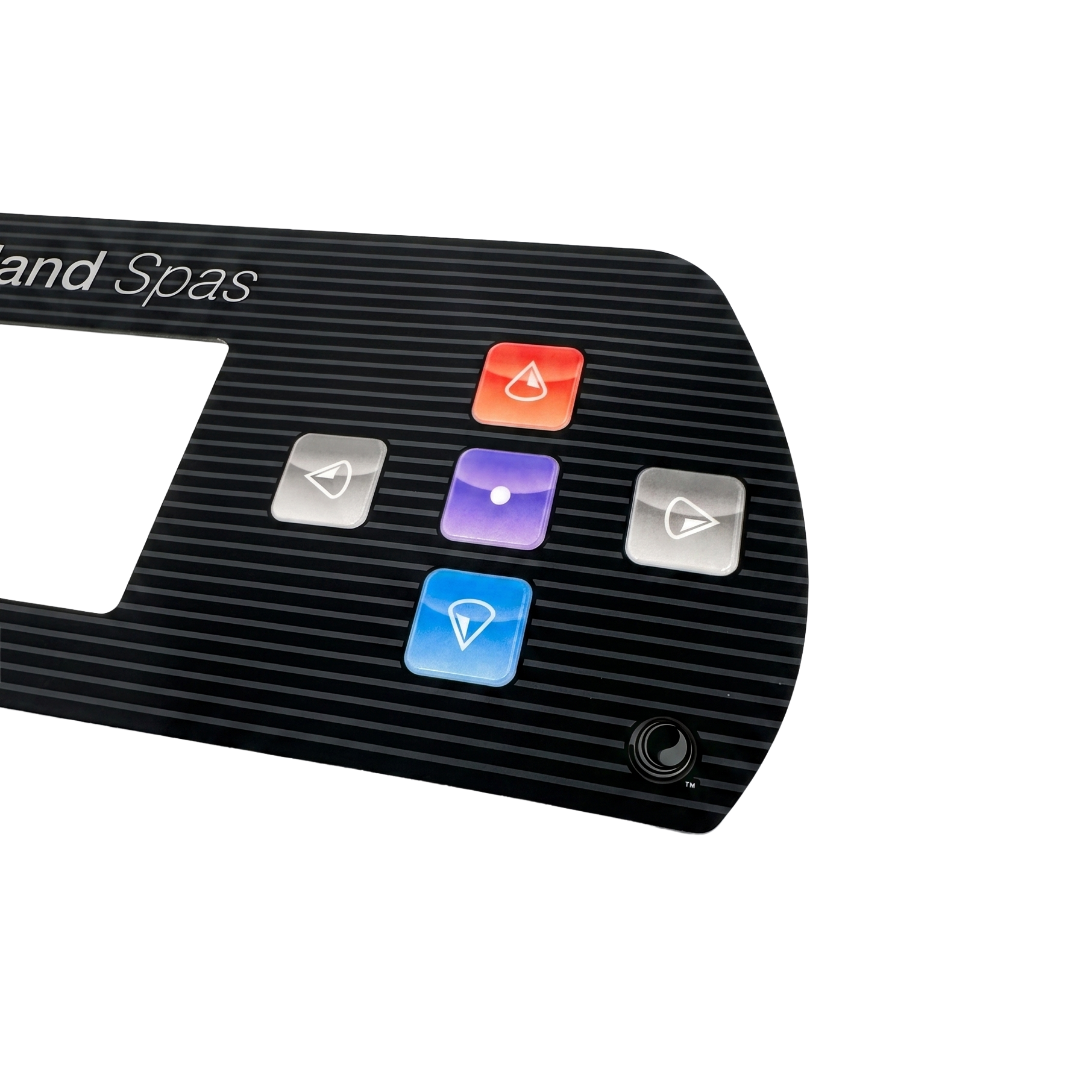 Close-up of the right side navigation menu controls on an Artesian Spas Island Spas TP800 touchpad overlay decal, displaying the orange, purple, and blue setting buttons alongside grey left and right arrow selection keys.