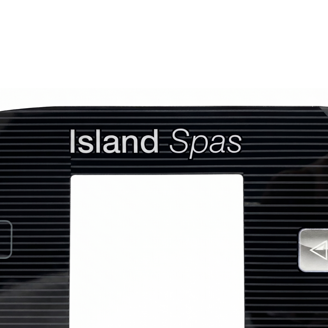 Close-up of the center section of an Artesian Spas Island Spas TP800 touchpad overlay decal, showing the white "Island Spas" branding text printed across the horizontal black stripes directly above the square digital screen cutout.